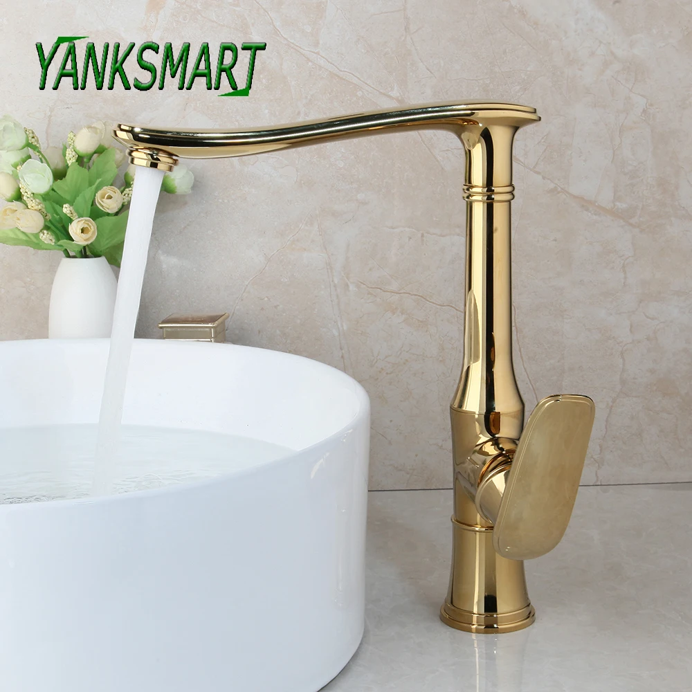 

YANKSMART Luxury Golden Polished Stream Spout Bathroom Basin Sink Long Faucet Deck Mounted Solid Brass Faucet Water Mixer Tap