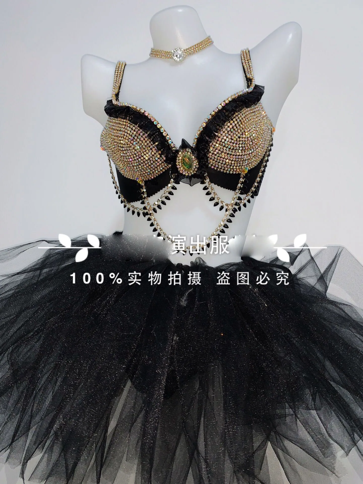 Black singer stage show dance costume Sparkly Gold Rhinestones Bra Short Tutu Three-piece Set Prom Stage Wear sexy dress