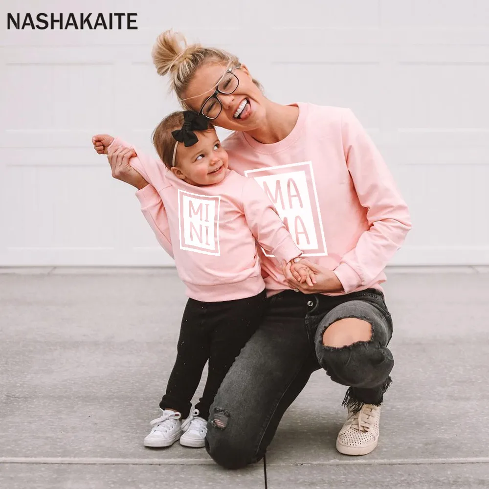 NASHAKAITE Mother Kids Family Sweatshirts MA MINI Letter Printed Clothes Mom And Daughter Equal Mommy And Me Clothes Family Look