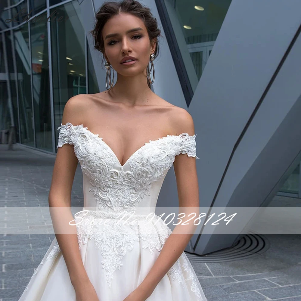 Lhuilier-vestidos de novia con cuello de barco, vestido de novia con cuello de barco, hombros descubiertos, tul con cuentas en la cintura, longitud hasta el suelo