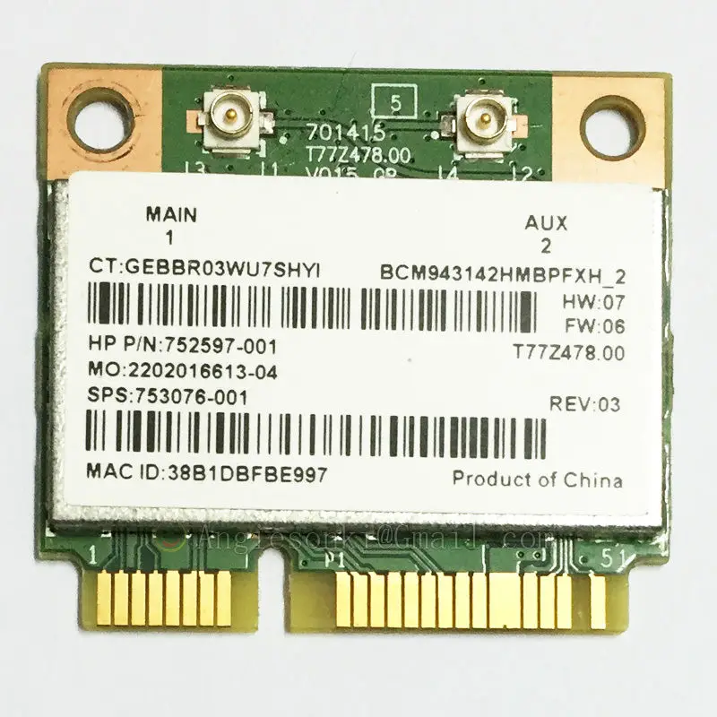 BCM943142HM 802.11bgn 1x1 Wi-Fi+Bluetooth 4.0 HMC WLAN adapter 753076-001 for HP 430 440 445 450 G2 M6 Broadcom BCM43142