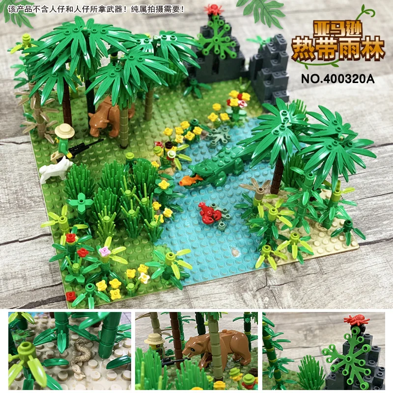 Rainforests Block Toys With Flower Grass Trees Wild Animals And Base Plate DIY Educational Parts Children Building Blocks Toys