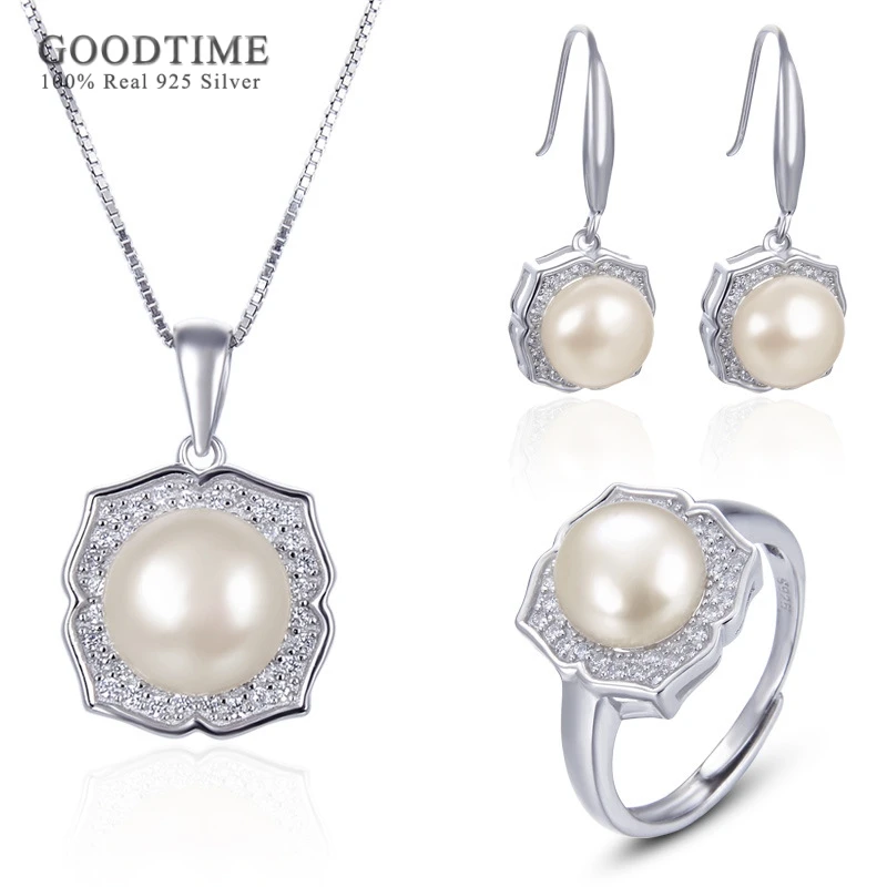 Fashion Jewelry Set Pure 925 Sterling Silver Freshwater Pearl Zircon Flower Birthday Gift For Woman Girl