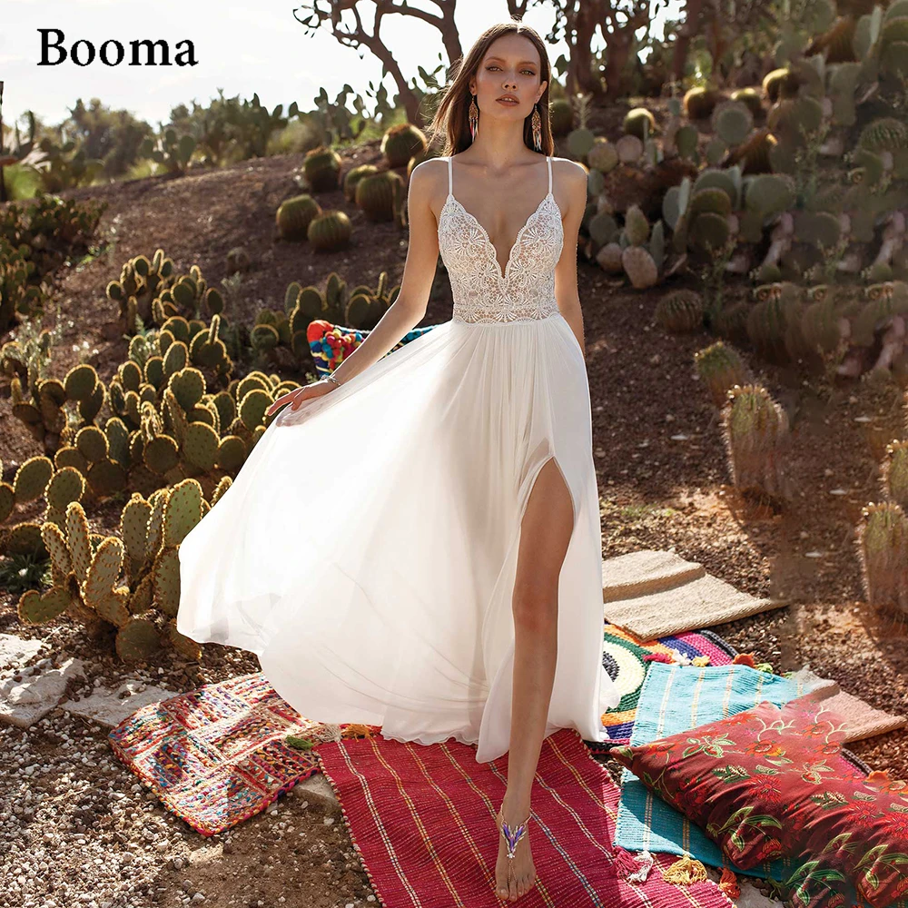 Booma Sexy Backless Boho Wedding Dresses V-Neck Spaghetti Straps Chiffon Beach Bride Dresses High Slit Lace Top Wedding Gowns