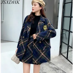 JSXDHK High Quality Autumn Winter Plaid Tweed 2 Piece Set Women Double-Breasted Thick Woolen Blazer Jacket + Mini Skirt Suits