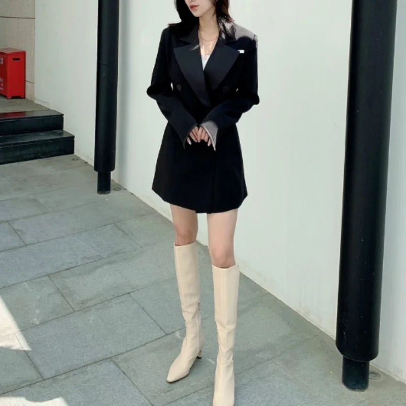 Black Business Middle Length Suits Women Elegant Slim Fit Double Breasted Blazer Fashion Long Sleeve Office Ladies Suit Jacket