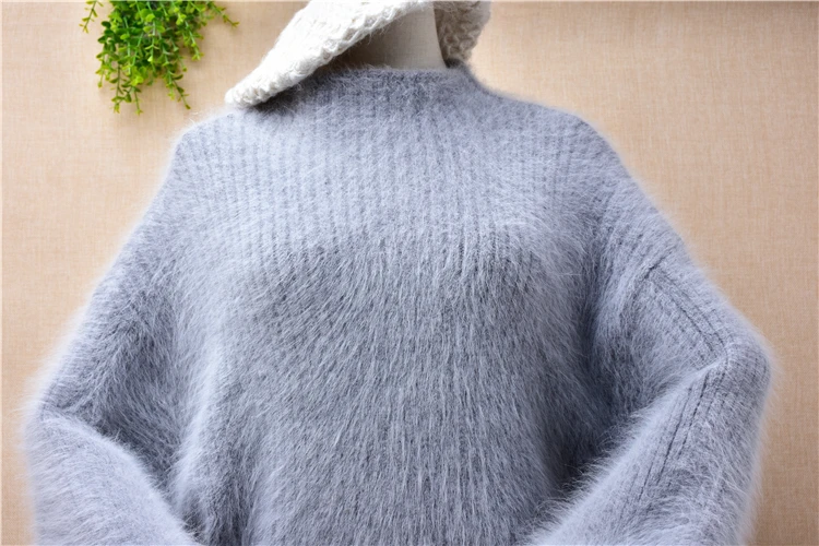 female women winter thick warm hairy angora rabbit fur knitted long lantern sleeves short loose pullover jumper sweater pull top