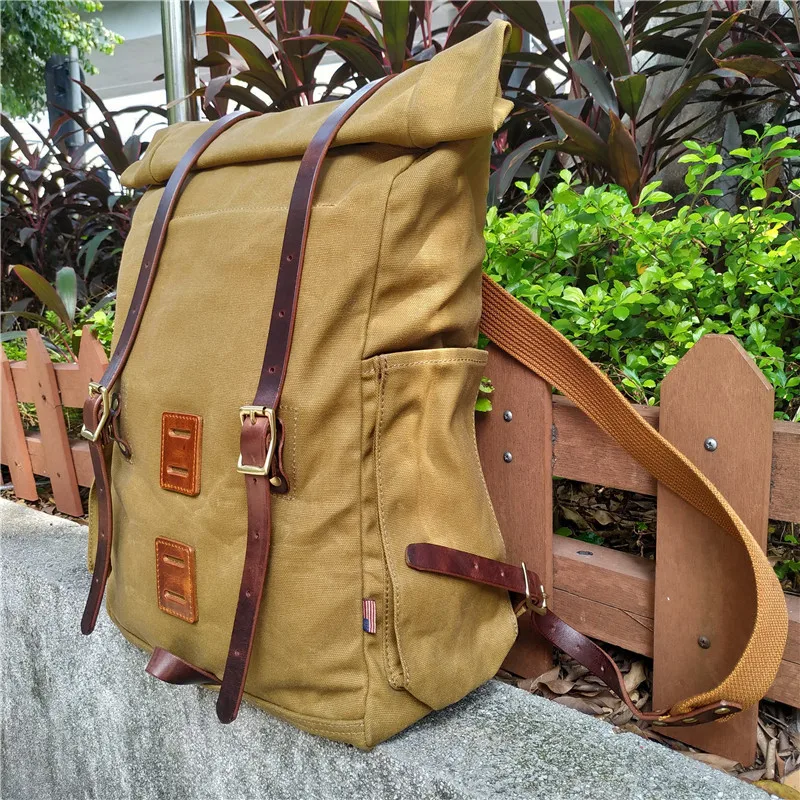 Waxed Canvas Backpack Hiking Camping Rucksack Men Trekking Large Laptop Bag 15 6 inches Vintage Leather Backpack