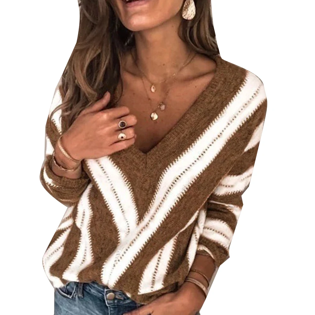 Fashion Women Autumn Long Sleeve V Neck Color Block Loose Plus Size Sweater hot sales 2020