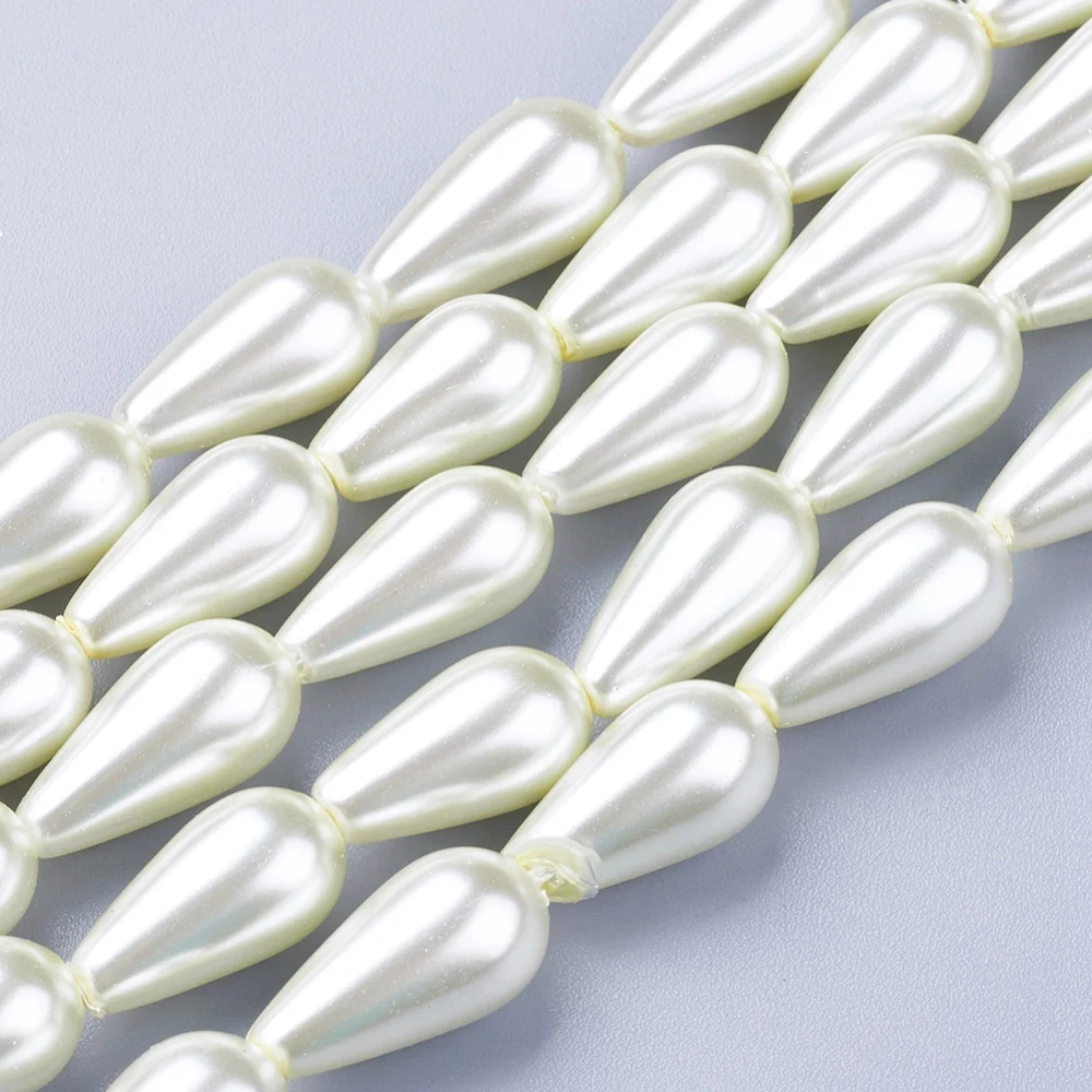 10 Strand FloralWhite Painted Drop Shape Glass Pearl Beads for jewelry making 16x8mm, Hole: 1mm; about 24pcs/strand F60