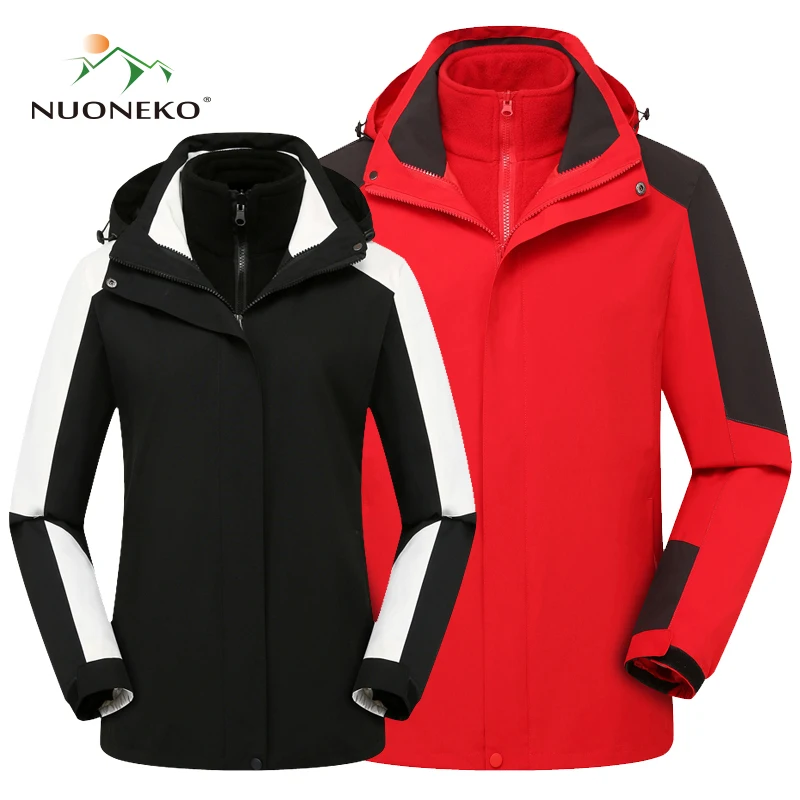 NUONEKO Winter Men Women Fleece Hiking Jacket Removable Breathable Waterproof Windproof Tourism Camping Climbing Clothes JK12