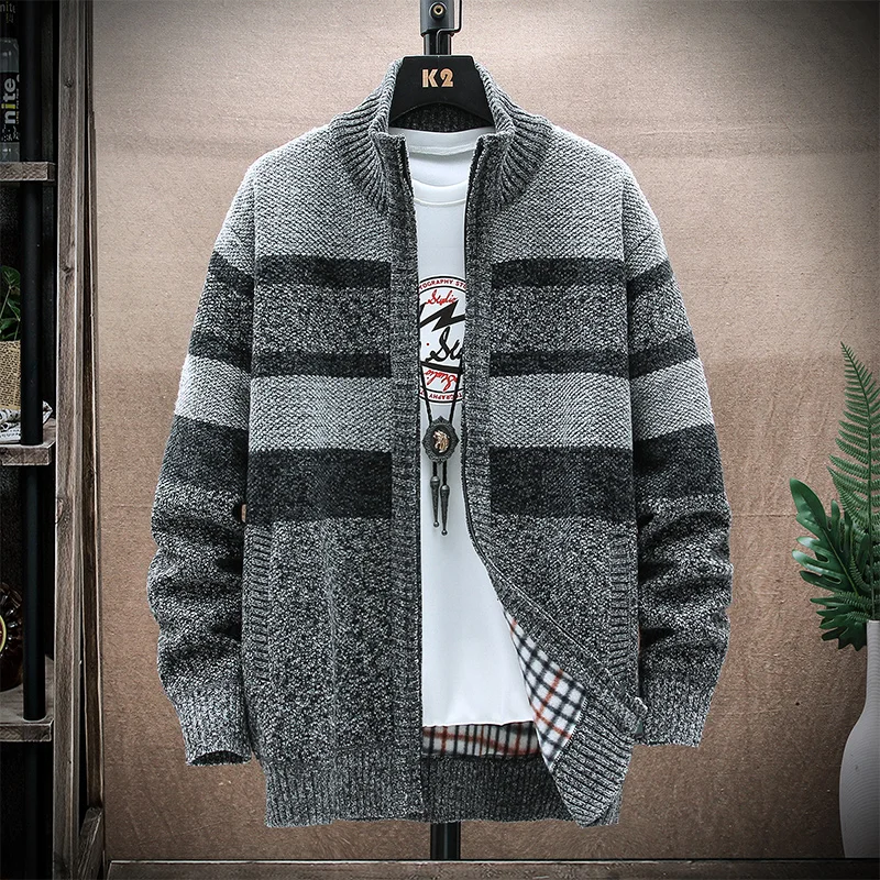 Men\'s Winter Striped Sweater Cardigan Man Patchwork Sweaters Coat Fleece Thick Warm Knitwear Zip Up Coat  Male Jacket