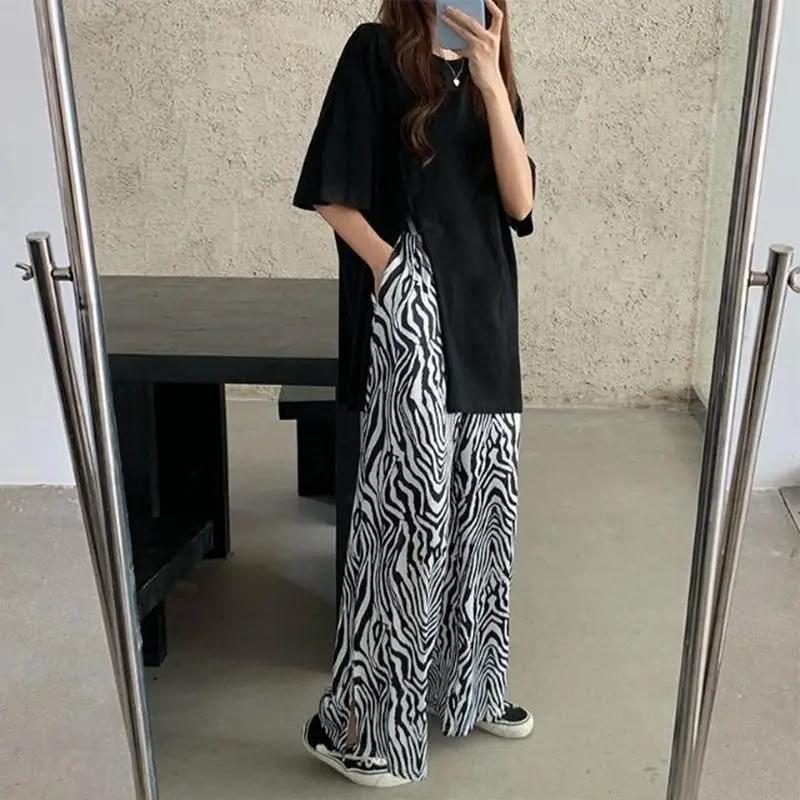 Sets Frauen Casual Weiche Sommer Chic Jugendliche Outfits Hohe Taille Zebra-print Harajuku Volle Länge Hosen Seite-schlitz design Teen Top