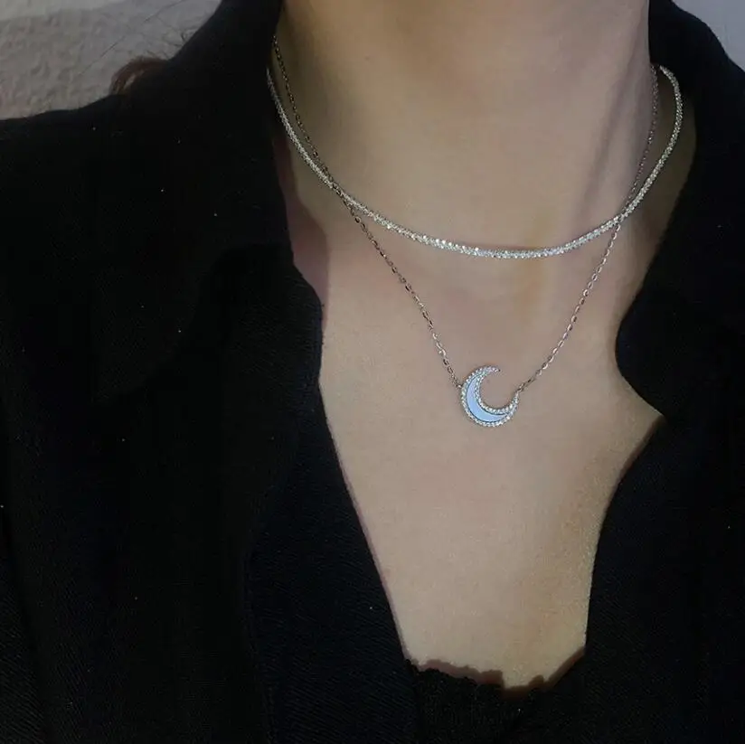 925 Sterling Silver Moon Necklace for Women White Shell Shiny Clavicle Chain Necklaces Party Jewelry Colar de Prata S-N773