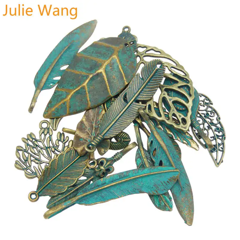 Julie Wang Random 14pcs Antique Bronze Feather Metal Alloy Pendant Charms Necklace Bracelet Jewelry Findings Making Accessories