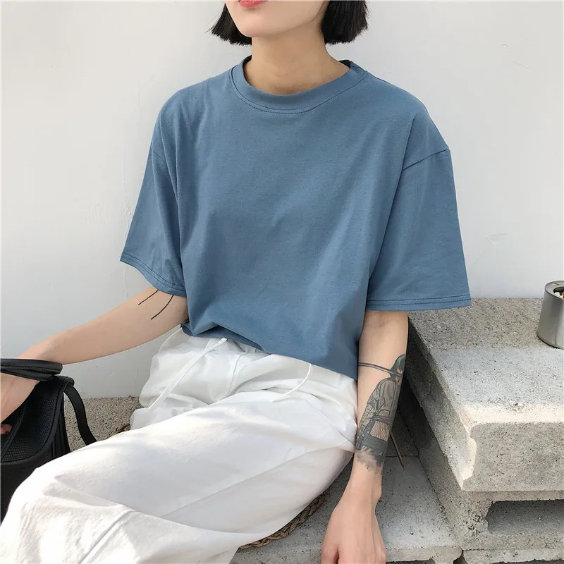 Hirsionsan 10 Colors T Shirt Women 2023 New Korean Short Sleeve Solid Tshirts Oversized 100% Cotton Tops Basic Chic Ladies Tees