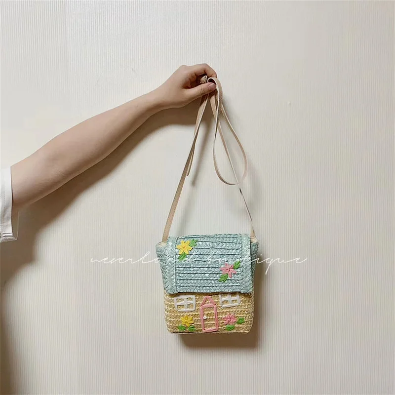 Children's Straw Woven Bag Small House Woven Bag, Rattan Woven Handbag Backpack Bamboo Woven Shoulder Bag