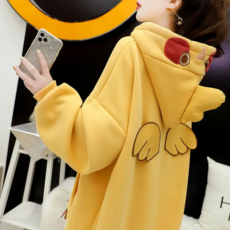 Keep Warm Fleece Winter Hoodie Women Sweatshirt Harajuku Embroidery Cartoon Cute Chick Girl Pullover Yellow Wing Coat Female