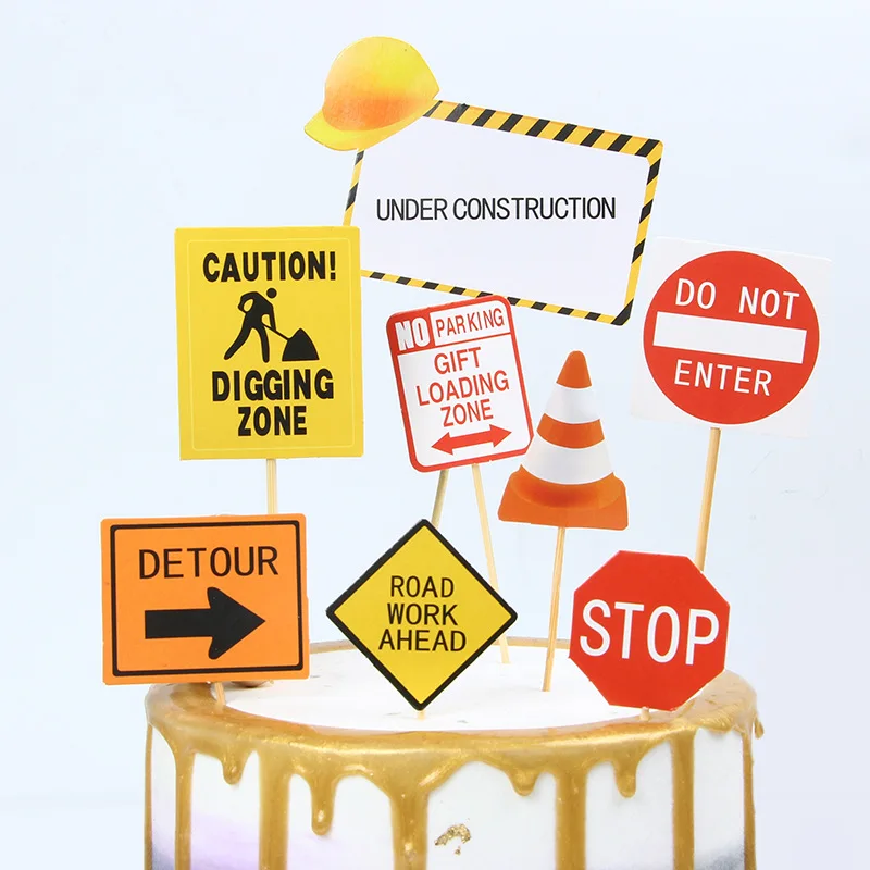 Traffic Sign Cake Topper Barricade Excavator Cupcake Decorations For Kids Boy Building Birthday Party Supplies Baking Ornament