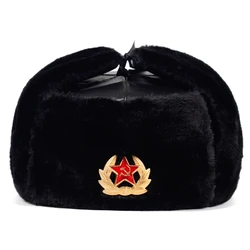 Soviet Army Military Badge Russia  Bomber Hats Pilot Trapper trooper Hat Winter Faux Rabbit Fur Earflap Men Snow Caps