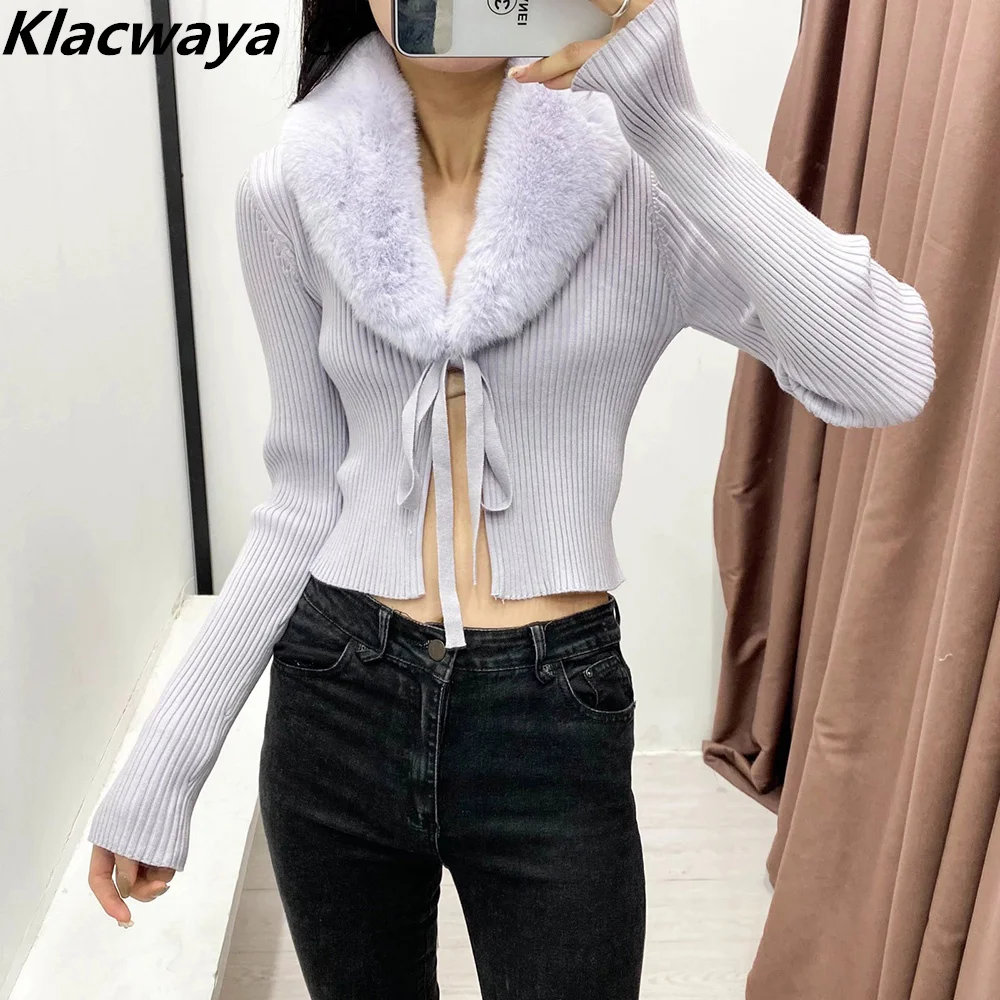 Klacwaya Cardigans For Women 2021 Vintage Faux Fur Effect Fur Collar Knitted Sweater Long Sleeve Top Blue Sweater Knit Cardigan