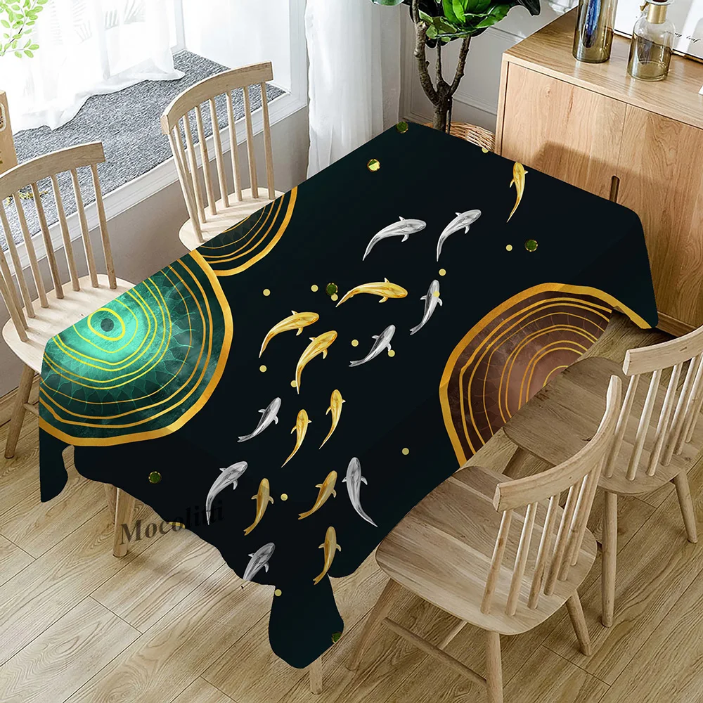 Golden Ocean Whale Nordic Luxury Waterproof Cotton Linen Kitchen Decorative Tablecloth Abstract Geometric Gild Desk Table Cloth