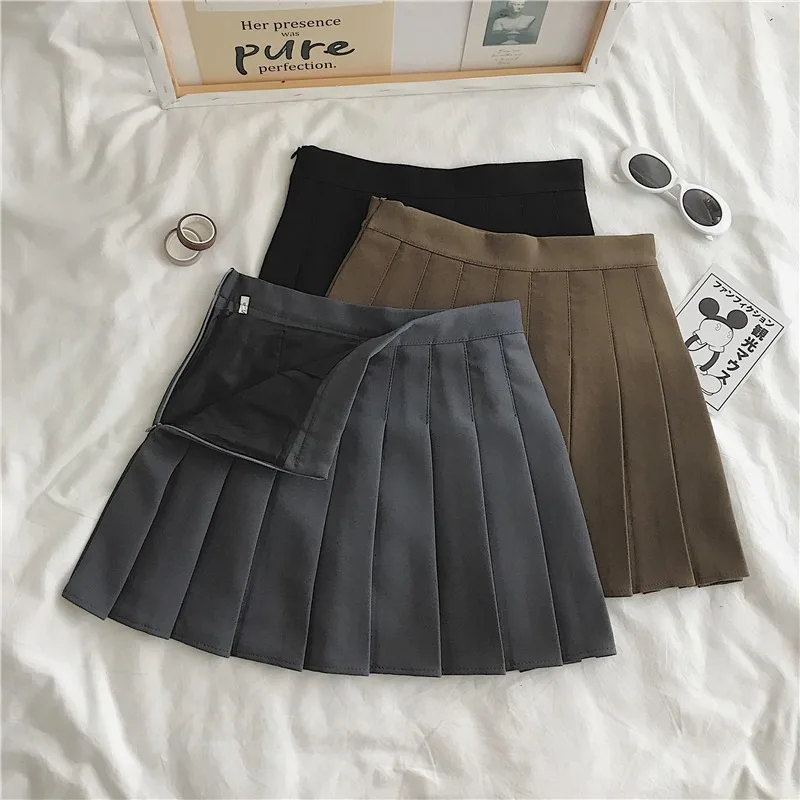 Mini Pleated Skirts Women High Waist Fashion All -match Preppy Style Students A-line Chic Solid Zipper Sexy Cute Girls Classic