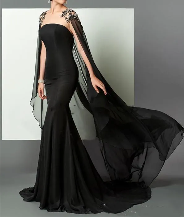 Black Mermaid Arabic Formal Evening Dresses 2020 Elie Saab Beaded Chiffon With Cape African Prom Party Gown Pageant Celebrity D