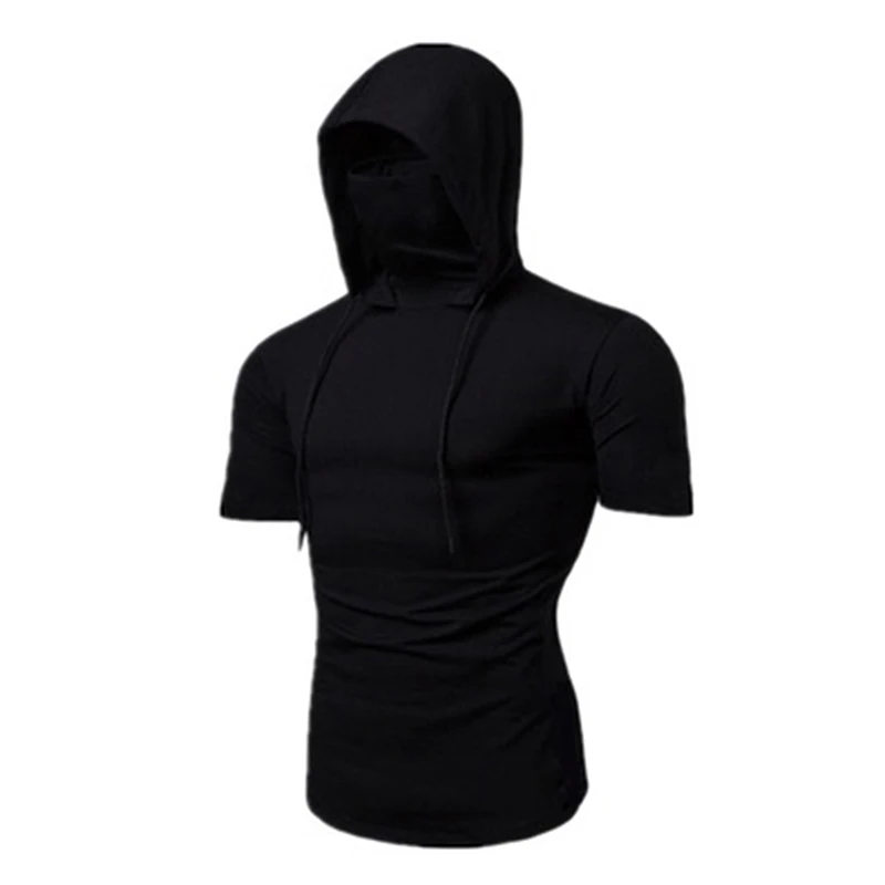 Fashion Short-Sleeved Mask Hooded T Shirt Men Casual Elastic Solid Fitness Tshirt Hip Hop Slim Fit Male T-shirt Streetwear S-2XL