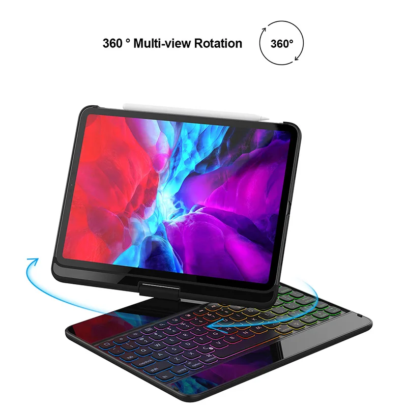 

360 Rotatable Bluetooth Keyboard Case for 2020 Apple iPad Air 4th Generation 10.9'' A2324, A2072 Cover Backlit Pencil Holder