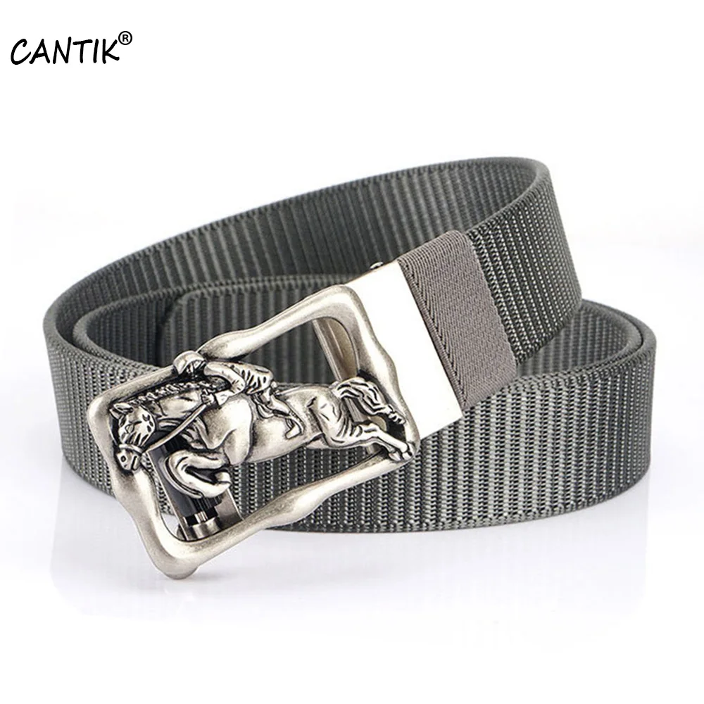 CANTIK Unique Horse Running Automatic Buckle Slivery Metal Quality Black Nylon & Canvas Belts for Men Jeans Accessories CBCA269