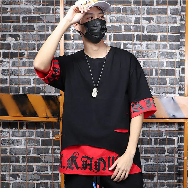 Hip Hop T Shirt Half Sleeve Mens Casual Harajuku T Shirts Fashion Patchwork T Shirt Black Summer Cotton Tshirt Streetwear Men