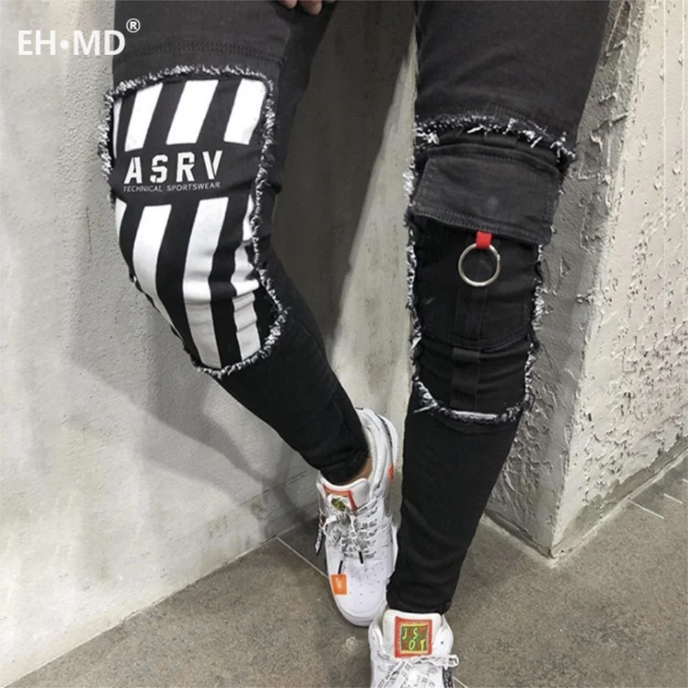 EH·MD® Four Seasons Sports Trousers Men Large Size Skull Print Splice Slim Feet European and American Jeans Men\'s Hole Zipper