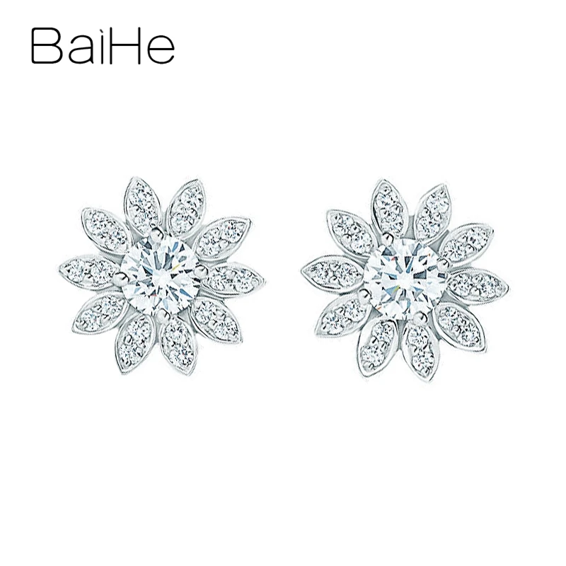 

BAIHE Real Solid 14K White Gold 0.40CT H/SI Natural Diamond Flower Stud Earrings Women Wedding Fine Jewelry أقراط زهرة øredobber