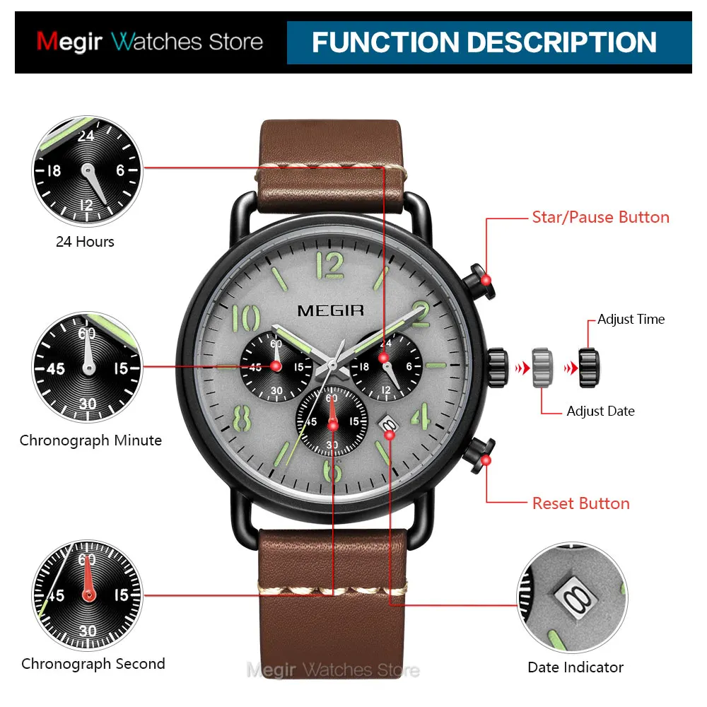 MEGIR Men Watches 2020 Luxury Top Brand Leather Strap Chronograph Quartz Watch Man Fashion Military Luminous Wristwatch 2158