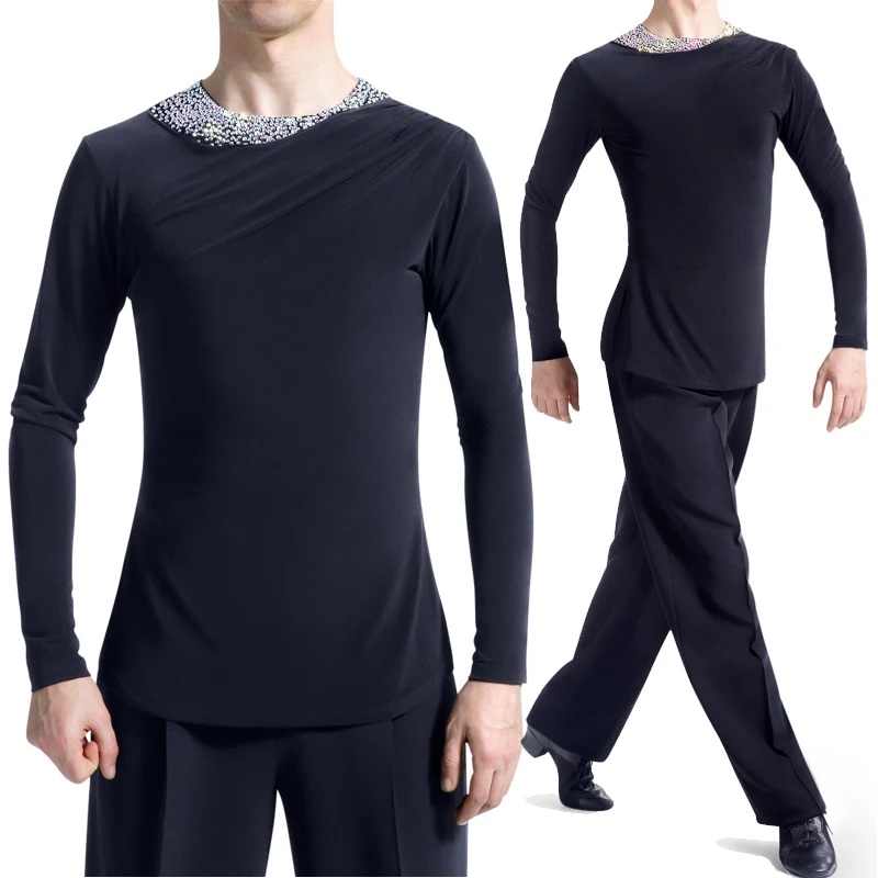 Roupa masculina de dança latina, com gola de strass, manga comprida, roupa para prática, para competição, dnv13909