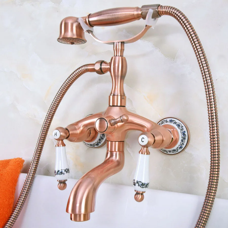 

Antique Red Copper Bath Shower Faucet Set Dual Knobs Wall Mounted Bathtub Mixers with Handshower Swive Tub Spout zna314