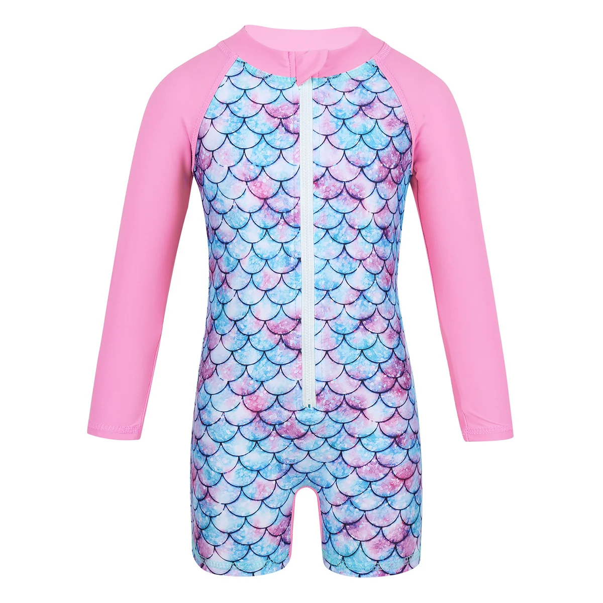 

Baby Girls Kids Long Sleeve Mermaid Fish Scales Printed UV UPF 50+ One-Piece Swimsuits Beachwear Swimming Suit Swimwear