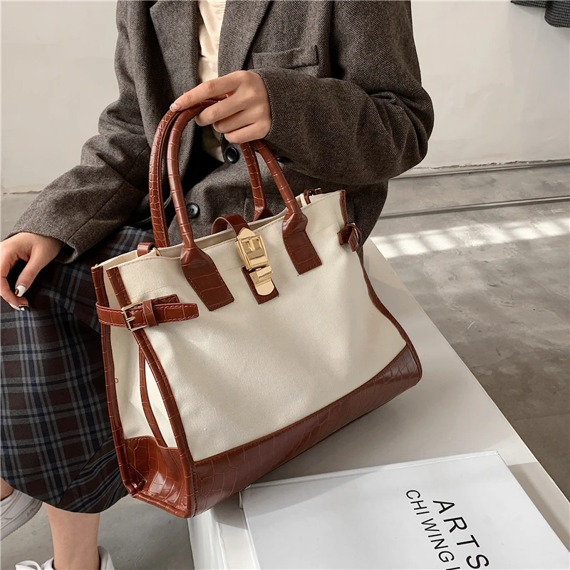 Big Patchwork Canvas Tote Bags For Women Simple Large Capacity Work Ladies Handbags Shopper Travel Female Shoulder Bags