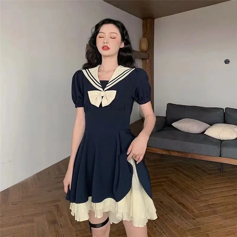 Women Cosplay JK Costumn Short Sleeve Summer Dress Girl Student's Japanese Sailor Collar Vestidos Sweet Look-slim Mujer Dresses