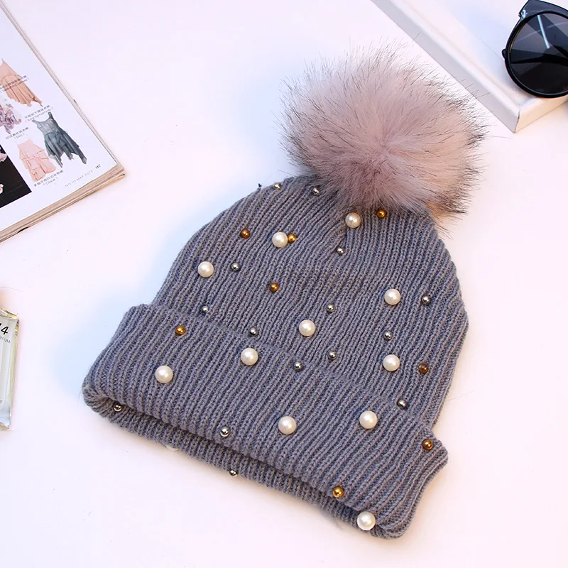 2021 Women Winter Fashion Hat Pompom Balls Cap Pearls Rhinestones Knitted Wool Beanie Casual Outdoor Warm Female Skullies Hats