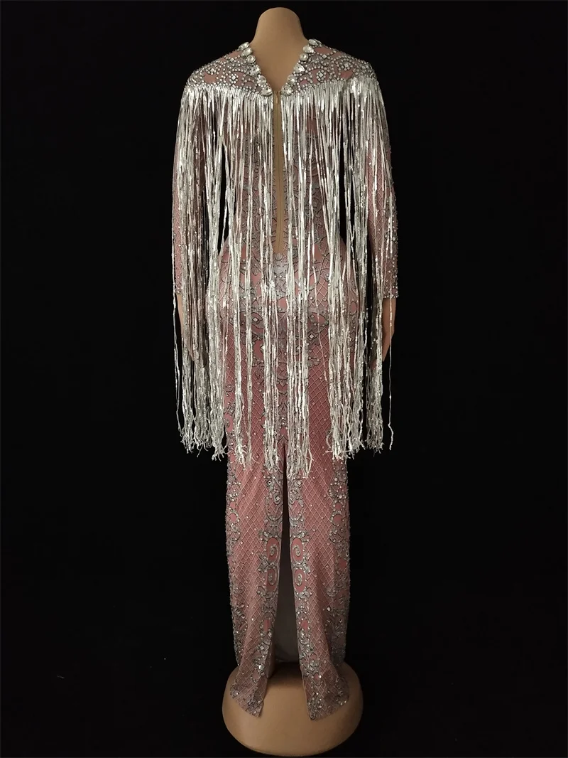 女性タッセルロングドレスナイトクラブブリンブリンクリスタル弾性スキニーラインストーンフリンジドレスウエディングイブニング歌手キャットウォーク衣装