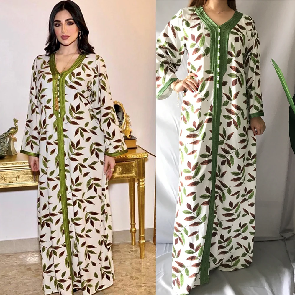 

Printed Abaya Casual Long Dress V-neck Muslim Women Ethnic Ramadan Islamic Clothing Arab Robe Turkish Middle East Moroccan New