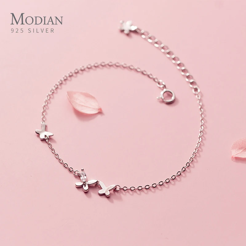 Modian New 925 Sterling Silver Clear CZ Butterfly Minimalist Chain Bracelet for Women Girl Original Bangle Fashion Fine Jewelry