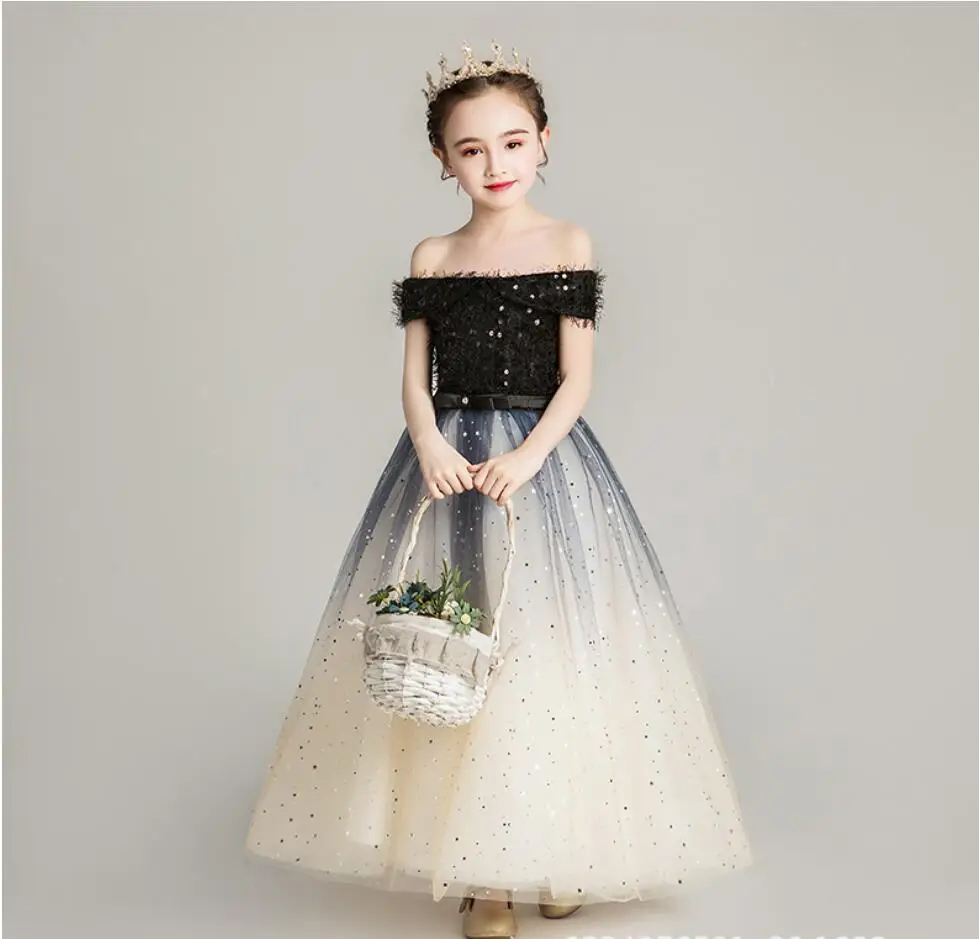 

Off Shoulder Sequin Tulle Girl Party Dresses First Communion Gowns Girl Pageant Birthday Gown Flower Girl Dress for Weddings