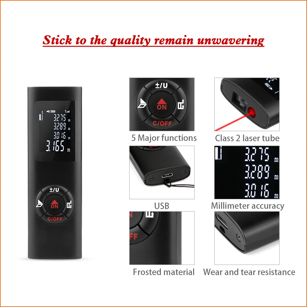 RZ Laser Rangefinder Medidor de distância 40m Digital Handheld Mini Medidor de distância a laser recarregável 131ft Laser Range Finder