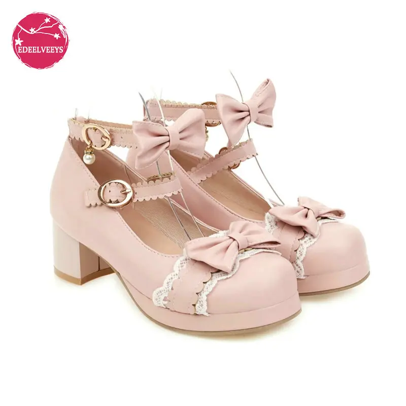 Lolita Girls Mary Janes Shoes Bowknot Princess Ruffles Japan Sweet Bride Wedding Party Dress Pumps Cosplay Pink Plus Size 34-48