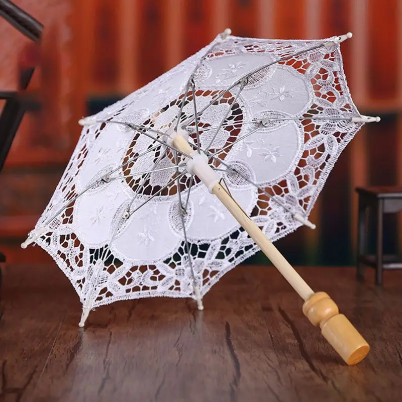 Womens Wedding Bridal Parasol Umbrella Hollow Out Embroidery Lace Solid White Color Romantic Photo Props With Wood Handle 8 Ribs