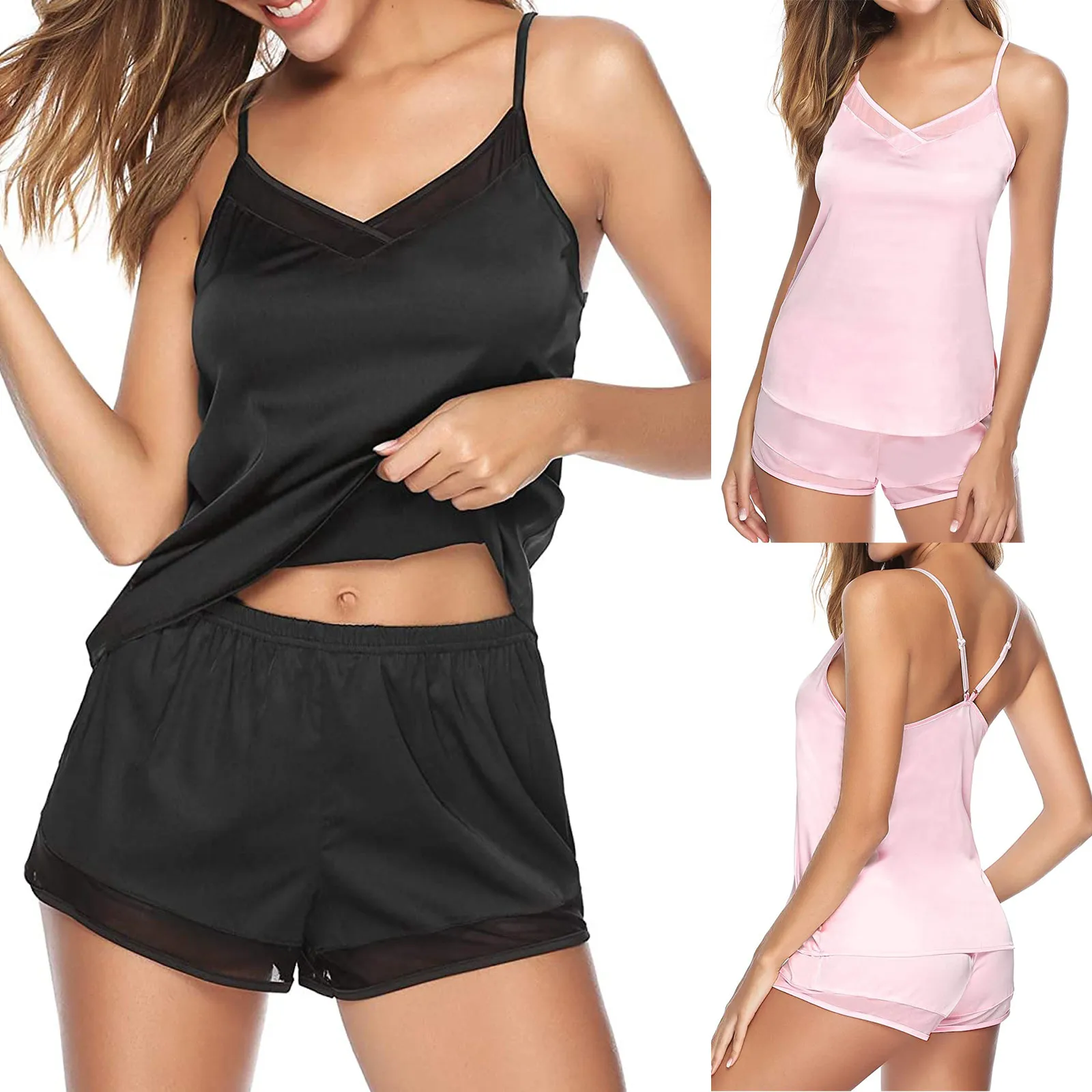 

Sexy Women's Solid Color Silk Satin Pajamas Sets Sleeveless Vest Tops Shorts Pyjamas Sets V-neck Suspenders Pijamas Set pyjama