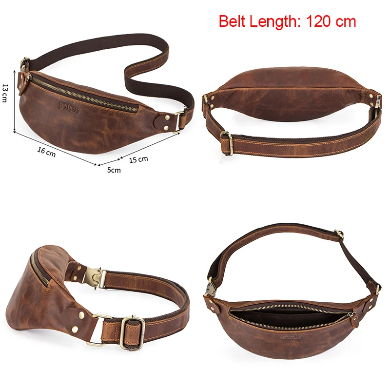 Contact\'s Crazy Horse Leather Waist Packs Hip bag Banana bag Large Capacity Fanny Pack for men Casual Chest Bag for Man Belt Bag